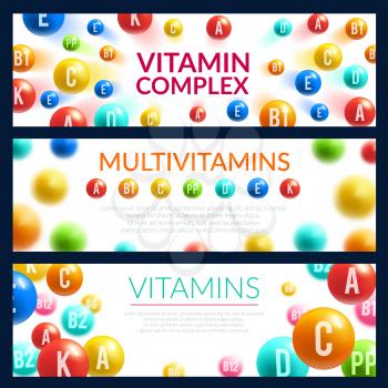 Vitamin pill 3d banner for medicine template. Complex of multivitamin capsules with group of vitamin A, B and C, D and PP for nutrition supplements label or pharmacy advertising flyer design
