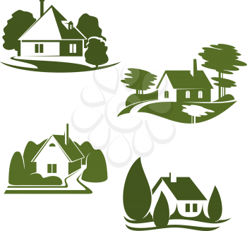 Eco green house isolated icon set. Eco city green home symbol with backyard garden, tree and grass lawn for ecology landscape design and environment friendly real estate company emblem design