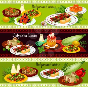 Bulgarian cuisine traditional dinner restaurant banner. Grilled beef kebab with pepper and tomato stew, cabbage roll, vegetable casserole with cheese and pork bean stew, fried donut and rum cake