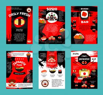 Japanese cuisine restaurant and sushi bar menu template. Salmon fish roll, seafood sushi set with shrimp, egg and caviar, rice and seaweed, meat soup ramen and takeaway box of noodle with chopsticks