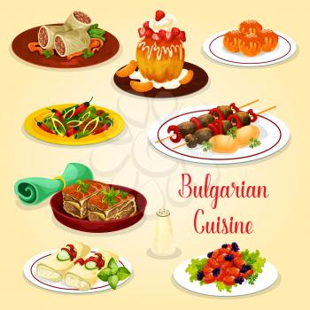 Bulgarian cuisine icon with meat dishes and cheese dessert. Grilled beef kebapche, vegetable meat casserole moussaka and cabbage roll, tomato pepper stew, fried donut, rum cake and sweet pancake roll