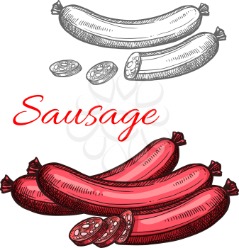 Beef sausage isolated sketch of fresh meat product. Smoked meat sausage or frankfurter with minced beef, bacon and black pepper. Snack sausage sticks for butcher shop or meat store design