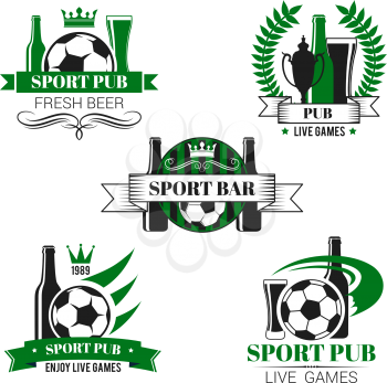 Sport bar icon with soccer ball and football trophy. Beer glass, mug and bottle with soccer ball, football trophy and winner cup isolated symbol, decorated by ribbon banner, laurel wreath and stars