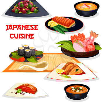 Japanese restaurant lunch dishes of asian cuisine. Assortment of seafood sushi and sashimi, grilled salmon with teriyaki sauce, miso soup with shrimp, egg roll, eel soup with feta, liver pepper salad
