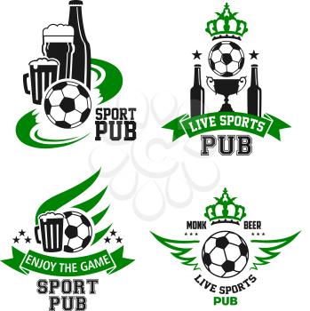 Soccer ball and beer symbol for football sport bar emblem template. Beer glass and ale mug with soccer ball, football champion trophy and winner cup, framed with wing, ribbon banner, star and crown