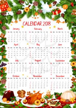 2018 calendar template of Christmas decoration design and dinner dishes frame. Vector Santa gifts on Christmas tree, holly wreath garland, golden bell or stocking and candy cookie and fir in snow
