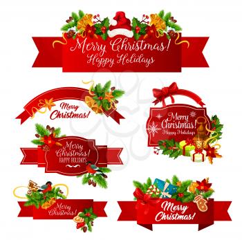 Merry Christmas greeting and happy holiday wishes on red ribbon bow icons design. Vector Christmas tree wreath garland decoration of holly, poinsettia and fir cones for New Year celebration season