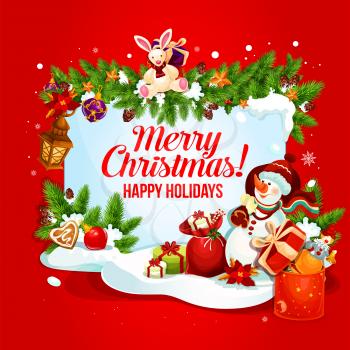 Christmas and New Year holiday greeting card with Santa gift bag. Xmas tree, snowman and present box festive poster with winter holiday garland, candy, snowflake and ball, star, cookie and snow