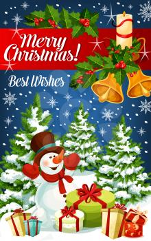 Merry Christmas greeting card with wishes of Happy Winter Holidays. Xmas gift, snowman, Christmas tree and snowflake festive poster, adorned with ribbon banner, Santa bell and holly berry