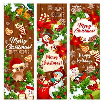 Christmas and New Year holiday characters greeting banner. Xmas gift, snowman and festive wreath on wooden background with Santa bell, snowflake and ribbon, candy, sock and calendar for Xmas design