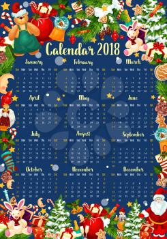 Christmas calendar with frame of Xmas gifts. Winter holiday calendar of 2018 New Year template, decorated with Christmas tree, Santa gift bag and star, candy, cookie and holly berry, snowflake, sock