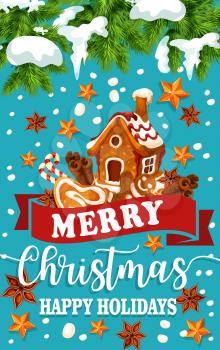 Christmas holiday ginger cookie greeting poster. Gingerbread man, house and heart with Xmas tree, star, snowflake and candy, decorated by ribbon banner with wishes of Merry Christmas, Happy New Year