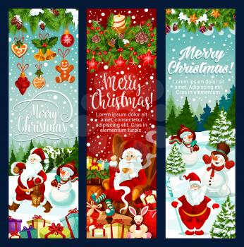 Christmas banner set with New Year holiday characters. Santa and snowman with Xmas tree, gift and snowflake greeting card, adorned by holly berry garland, bell, star and ball, candle, candy and cookie