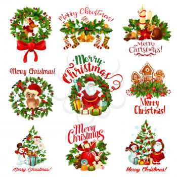 Merry Christmas holiday badge. Holly and Xmas tree wreath with gift, ribbon and snowflake, Santa, snowman and bell, present, sock, candle and cookie, reindeer and calendar for winter holidays design