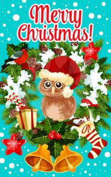 Merry Christmas wish greeting card design of owl in Santa hat on holly wreath garland and gift stocking in snow. Vector Christmas tree golden bell decoration for New Year holidays season celebration