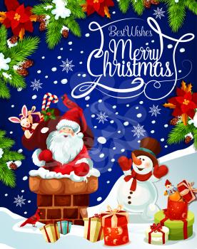 Santa Claus with Christmas gift and snowman on roof greeting card. Santa with red bag full of presents, candy and cookie festive poster, adorned with Xmas tree, snowflake and poinsettia flower