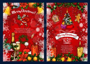 Christmas and New Year poster with winter holiday sketches. Santa gift, bell and snowflake, Xmas tree and holly wreath, ball, candle, cookie and poinsettia, decorated by ribbon banner with greetings