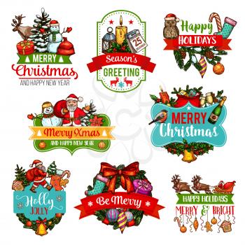 Christmas and New Year sketch label of winter holiday gift. Xmas tree and holly wreath with Santa, snowman and present, bell, star and ball, candle, cookie and candy, ribbon banner, snowflake and star