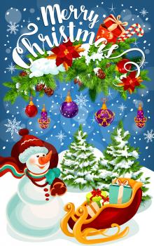 Christmas gift in Santa sleigh greeting card of New Year holidays. Snowman with Xmas tree, present and Santa gift bag banner design, adorned with pine branch, ball, candy, snowflake and poinsettia