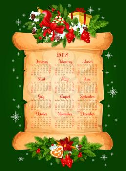2018 calendar for Christmas winter season of winter snow and New Year decorations. Vector frame of golden bell, Christmas tree fir or pine cones, Santa hat and presents gift on old paper scroll