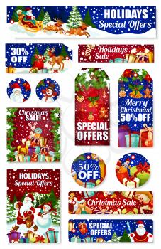 Christmas gift sale tag. Santa and snowman with Xmas tree and New Year present in reindeer sleigh, holly and pine tree garland with bell, snowflake, ball and cookie for winter holiday discount design
