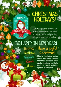 Merry Christmas wish greeting card for winter happy holidays. Vector Santa gifts under Christmas tree, New Year decoration of golden bell and star, snowman and holly wreath garland with candle