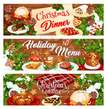 Christmas holiday menu banner with Xmas dinner dishes on wooden background. Cookie, gingerbread man and Xmas pudding, fish, sausage and fruit cake, adorned by New Year candle, candy and holly berry