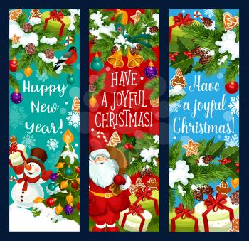 Merry Christmas and Happy New Year wishes for winter holidays greeting card or banner design. Vector Christmas tree garland decoration of golden bell on holly wreath, Santa gifts snowman with stocking