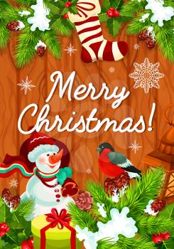 Merry Christmas greeting card or winter holiday poster design of snowman in Santa hat and present stocking. Vector Christmas gifts and bullfinch on tree decoration garland for New Year celebration