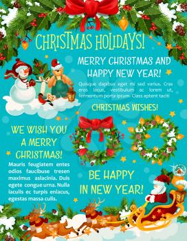 Merry Christmas winter season greeting card for happy holiday wishes. Vector Christmas tree lights decoration, snowman and Santa in sleigh with gifts, holly wreath garland of golden bells in snow