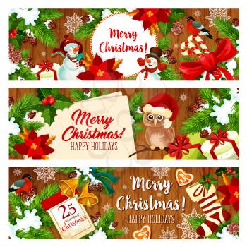 Christmas holiday greeting banner with New Year gift on wooden background. Snowman with Xmas present, holly and pine tree wreath, adorned by Santa bell, ribbon and snowflake, sock, candy and calendar