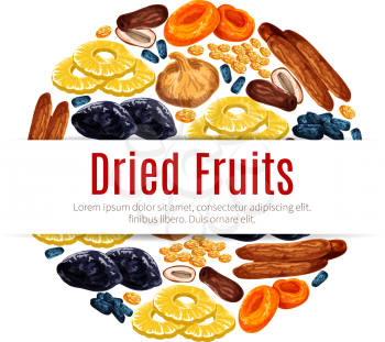 Dried fruit round label of raisins or grape, prune, apricot, fig, date, pineapple, plum and banana. Vector dried and candied fruits for healthy food, vegetarian snack, dessert product packaging design
