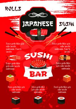 Sushi bar menu and japanese cuisine restaurant sushi poster template. Seafood roll and nigiri sushi with salmon fish, tuna, shrimp, seaweed, rice and caviar, served with chopsticks and soy sauce