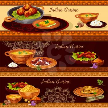 Indian cuisine restaurant banner set. Vegetable rice curry with chicken and fish, seafood shrimp soup, pork meat pilau, fried feta cheese, lentil corn soup and nut cookie for thali menu vector design