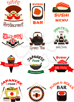 Japanese food isolated emblem set. Asian cuisine sushi, salmon fish roll, seafood rice, noodle, miso ramen soup with chopsticks, soy and wasabi sauce, tea and sake vector symbol for restaurant design