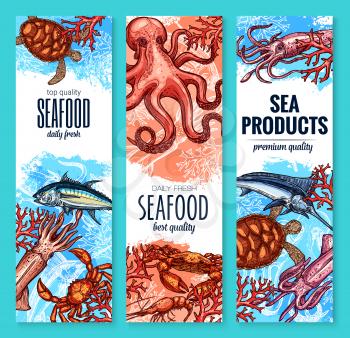Seafood and sea product banner set of vector marine animal. Crab or lobster, tuna, marlin fish, shrimp or prawn, octopus, squid, sea turtle sketch for seafood restaurant, fishing, fish market design