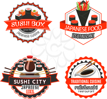 Sushi, japanese food badge set. Salmon roll with rice, seafood temaki sushi with prawn, fish and seaweed, chopsticks and soy sauce vector icon for sushi bar, asian cuisine restaurant design