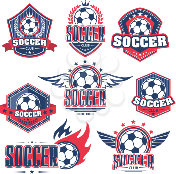 Soccer club, football sport game badge set. Soccer ball on heraldic shield with wing, flame, ribbon banner and laurel wreath for football sporting club or team emblem design