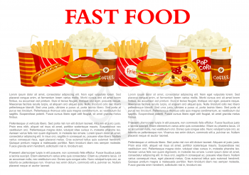 Fast food poster of fastfood burger, drink and dessert template. Hamburger, hot dog, french fries, pizza, soda, cheeseburger, coffee, ice cream, popcorn vector banner for fast food restaurant design