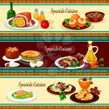Spanish cuisine dinner with dessert restaurant banner set. Seafood rice paella, grilled meat and fish, vegetable omelette, egg stuffed with sausage, tuna salad with olive, stuffed pork, cream dessert