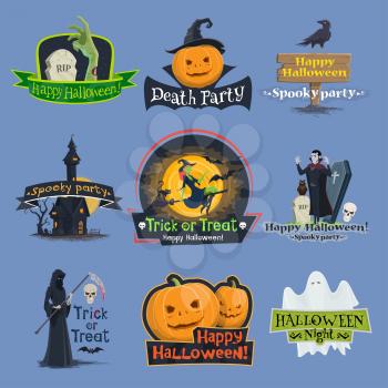 Happy Halloween trick or treat holiday celebration icons set. Vector isolated Halloween pumpkin lantern, spooky ghost and vampire in coffin, witch cat and horror death on graveyad thombstone