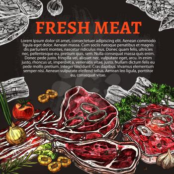 Fresh meat chalkboard poster with beef and pork steak, lamb chop, ham, chicken and bacon slices chalk sketch. Butcher shop product vector banner for meat store, restaurant menu, barbecue design