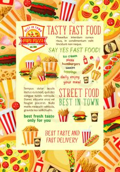 Fast food restaurant lunch dishes banner template. Fastfood hamburger, hot dog, soda, french fries, coffee, pizza, cheeseburger, ice cream, popcorn, onion rings and taco with ingredients vector poster