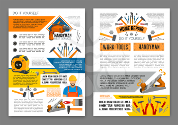 Home repair work tool banner template set. Screwdriver, hammer, drill, spanner, pliers, wrench, paint brush, trowel, measure tape, screw vector instrument and equipment for construction themes design