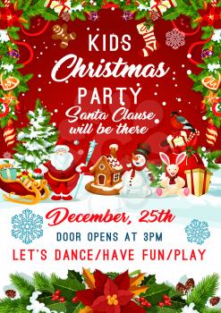 Kids Christmas party invitation poster template for New Year winter holiday December party celebration. Vector design of Santa gifts bag, Christmas tree and golden decoration with snowflakes