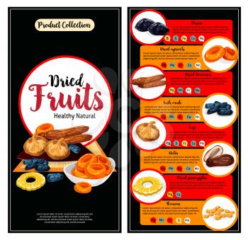 Dried fruit, superfood nutrition facts banner template set. Raisin or grape, apricot, prune or plum, date, fig, kishmish, candied pineapple ring and banana fruit with text layout of vitamin content