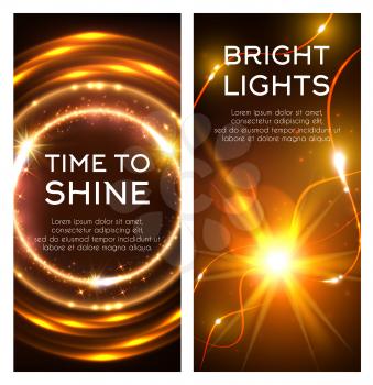 Glowing golden lights banner set. Shining star or sun with bright beam and neon motion trail, glittering circle with sparkling swirls and magic fire ring with lens flare effect poster design