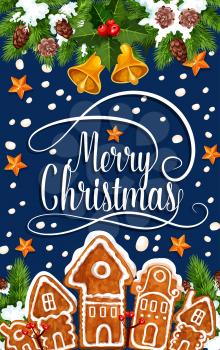 Merry Christmas greeting card of golden Santa bells, stars decoration and snow on gingerbread cookie house. Vector design template of snowflakes and Christmas tree wreath for winter holiday season