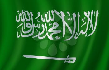 Flag of Saudi Arabia 3d vector with arabic inscription and sword on green field. National banner of Saudi Arabia for asian travel, Arabia sovereign state history and patriotism themes design