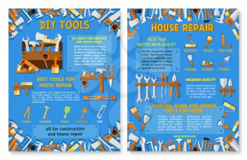 Construction and house repair work tool poster. Hand instrument and equipment banner template set with vector screwdriver, hammer, spanner, pliers, paint brush and roller, wrench, knife, tape measure